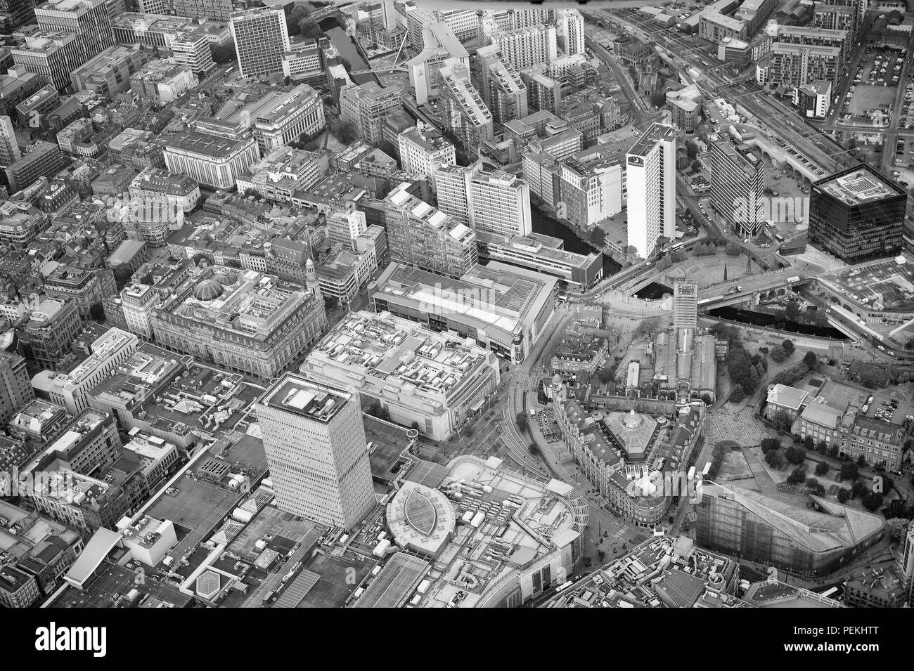 Le centre-ville de Manchester noir et blanc photo aérienne Banque D'Images