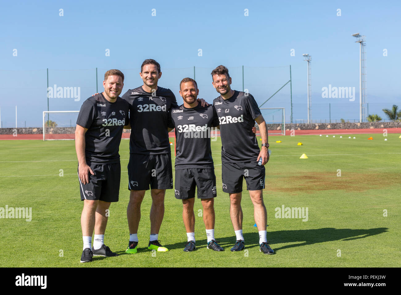 Frank James Lampard, OBE, manager de Derby County Football Club, avec Jody Morris, Chris Jones  +1, au cours de pré saison formation, Tenerife Banque D'Images