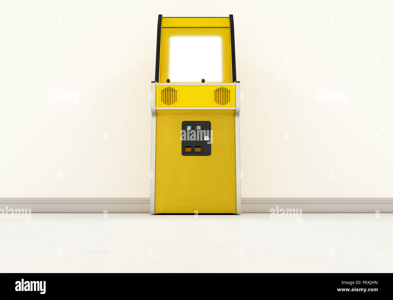 Une machine d'arcade sans marque jaune vintage avec un écran blanc sur un arrière-plan de la salle vintage - 3D render Banque D'Images