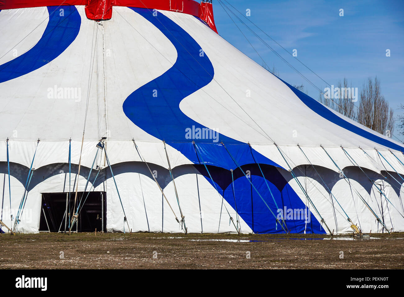 Un rayé bleu tente de cirque dans la nature verte. Banque D'Images