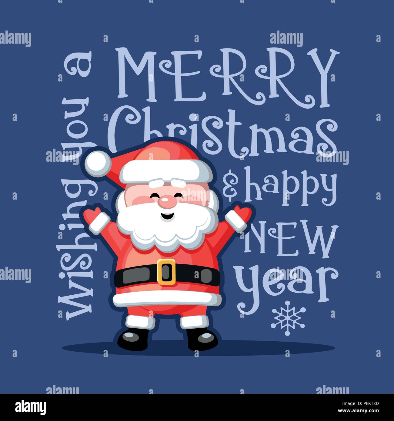 Joyeux Noël et Bonne Année. Carte de souhaits avec funny Santa Claus sur fond bleu. Vector illustration. Illustration de Vecteur