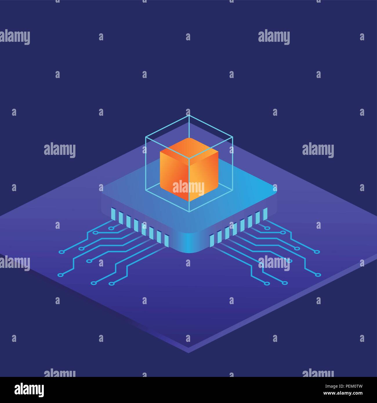 Chaîne bloc concept illustration d'affaires. Boîte en or dans la puce d'ordinateur. Modèle plat. Vector illustration. Illustration de Vecteur