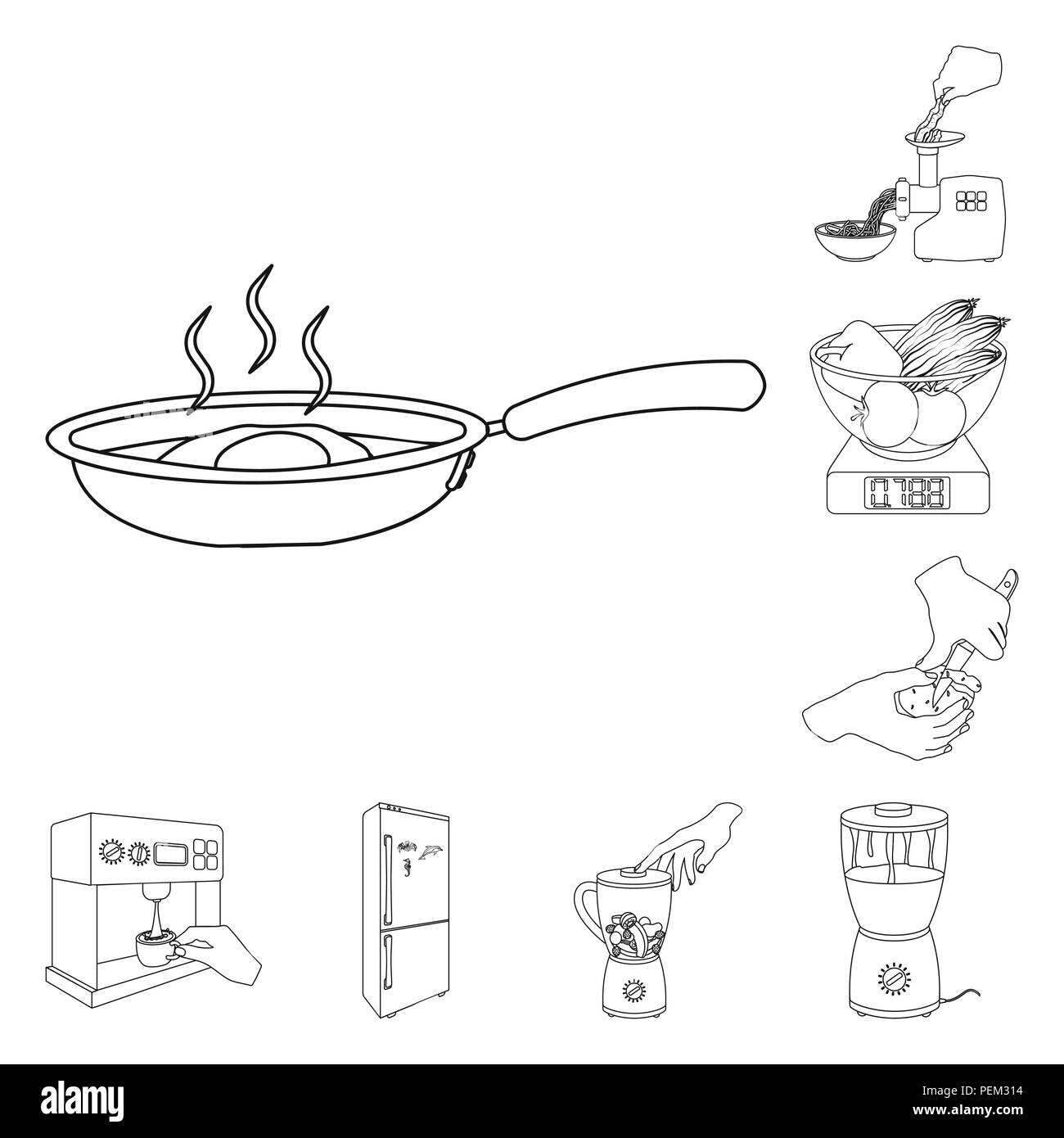 Cuisson des aliments des contours des icônes dans la collection set pour la conception. L'équipement et des outils de cuisine, symbole vecteur illustration de stock. Illustration de Vecteur