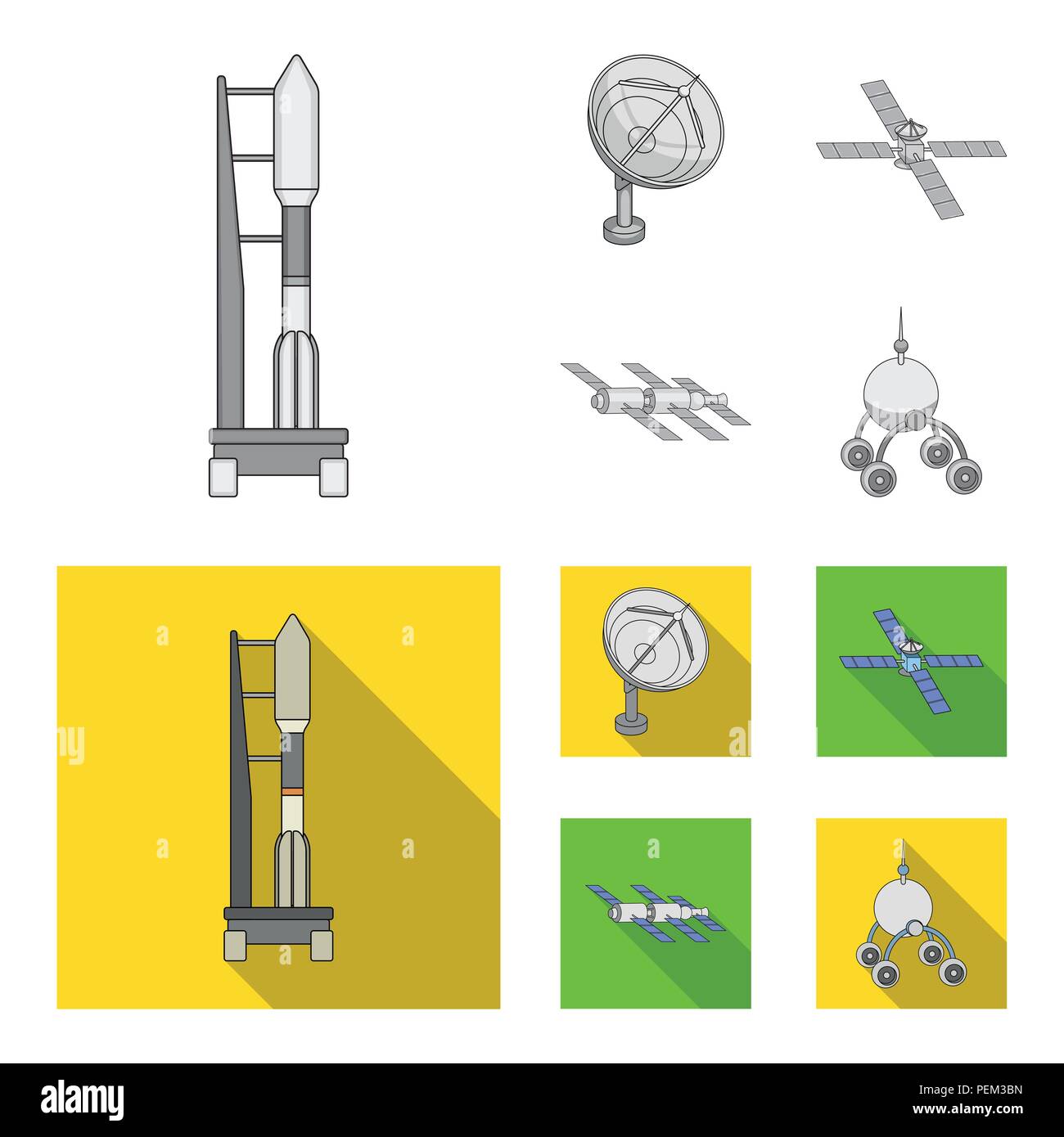 Radar Radio, station d'engin spatial dans l'espace, Lunokhod. La technologie de l'espace collection set d'icônes dans le style monochrome,télévision symbole vecteur illustration de stock . Illustration de Vecteur