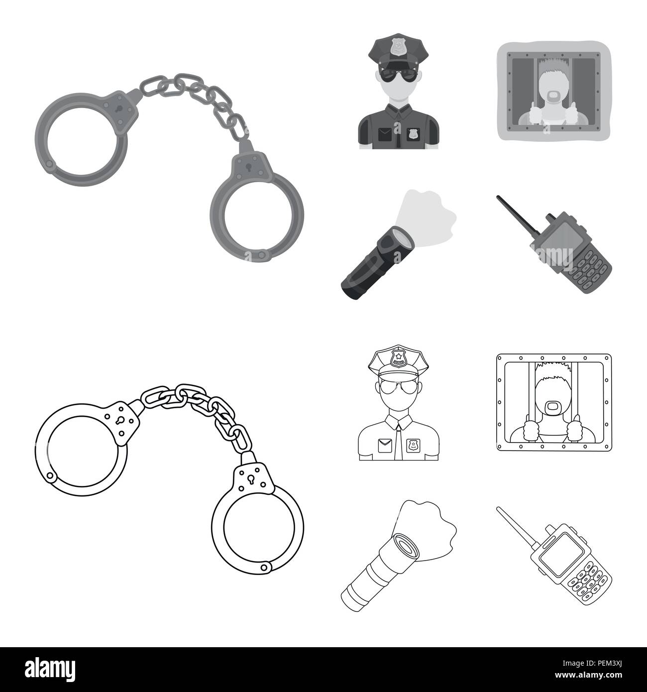 Menottes, policier, prisonnier, lampe.Police set collection icônes de style monochrome,contour symbole vecteur illustration de stock . Illustration de Vecteur