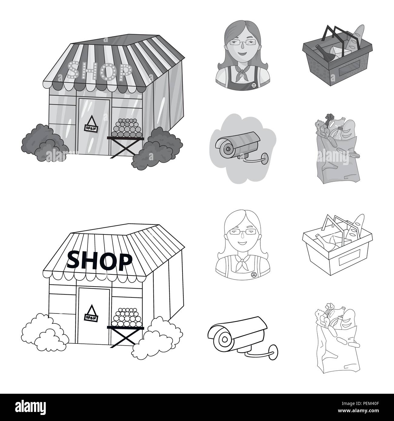 Vendeur, femme, panier, jeu de supermarché en plastique collection .icônes de style monochrome,contour symbole vecteur illustration de stock . Illustration de Vecteur