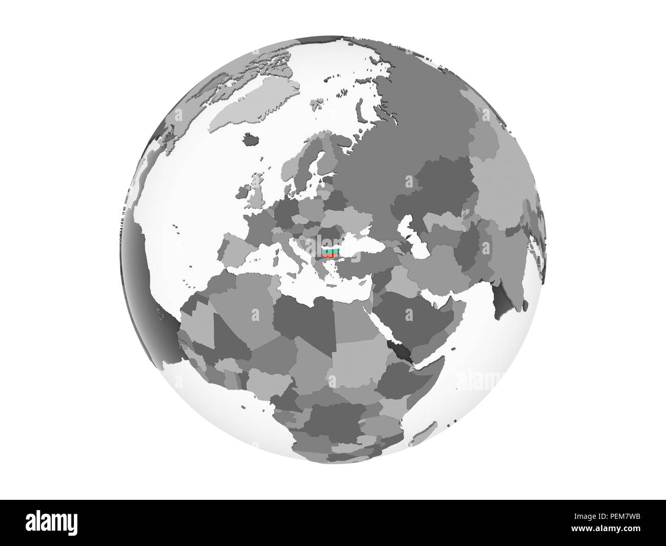 Bulgarie Le globe politique gris avec drapeau. 3D illustration isolé sur fond blanc. Banque D'Images