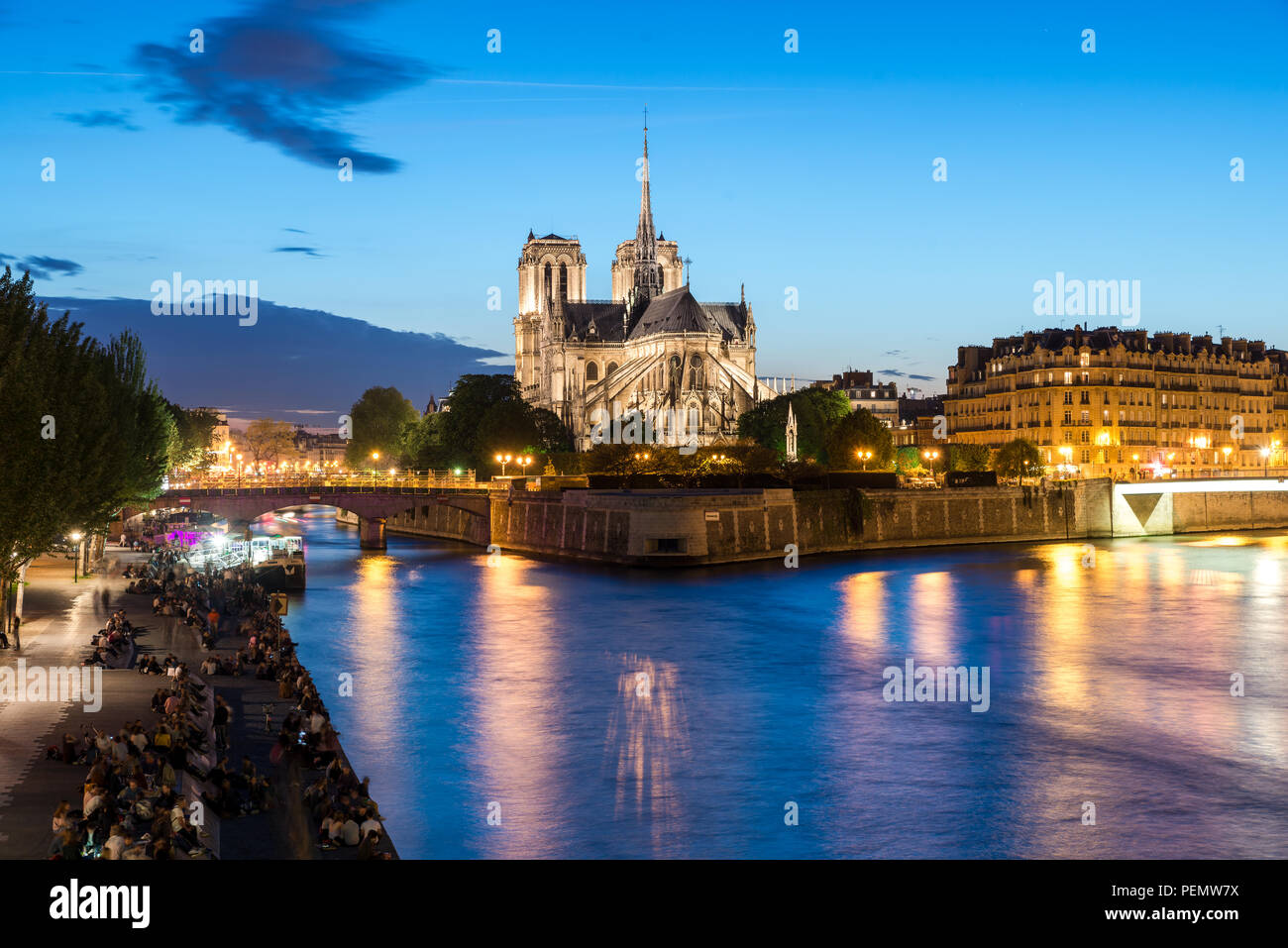 Notre Dame de Paris avec croisière sur la Seine la nuit à Paris, France Banque D'Images