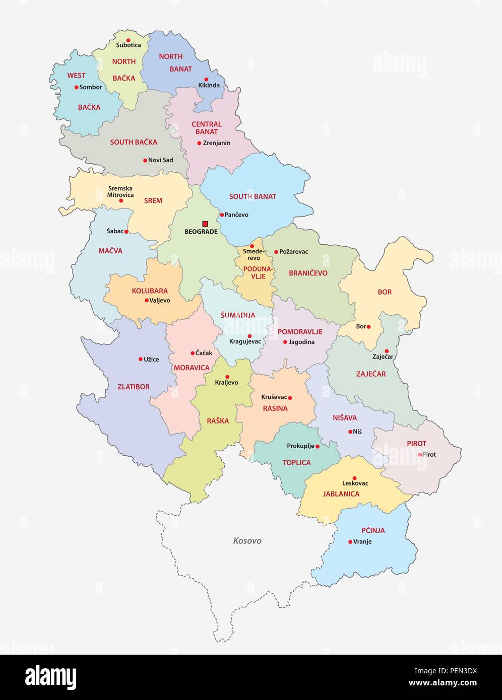 Carte vectorielle administrative et politique de la République de Serbie. Illustration de Vecteur