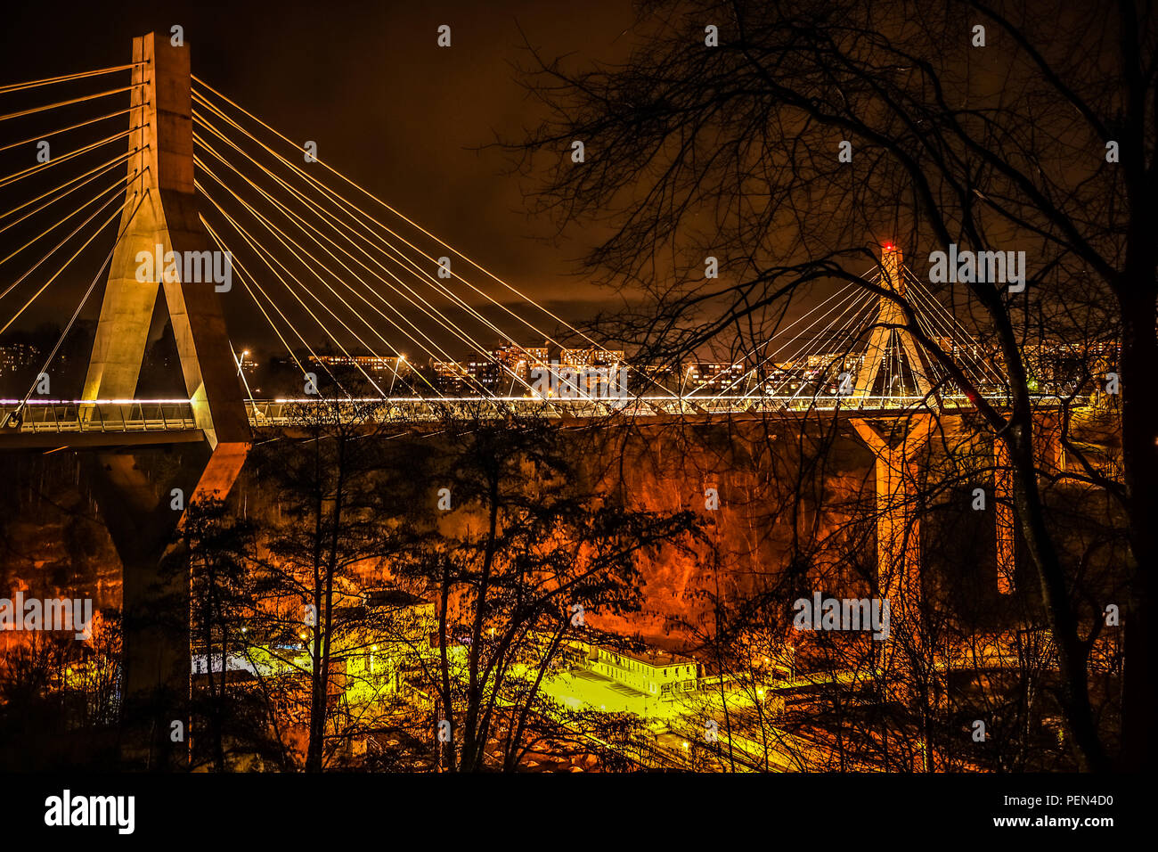 Une longue exposition photo de nuit de Poya bridge, dans la ville de Fribourg en Suisse, avec des sentiers de lumière du véhicule et de l'éclairage public, les arbres en premier plan Banque D'Images