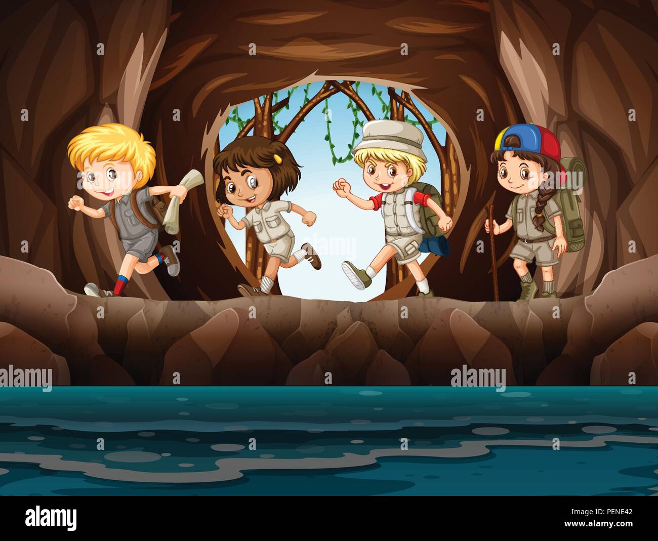 Les scouts du jeune enfant d'explorer une caverne illustration Illustration de Vecteur
