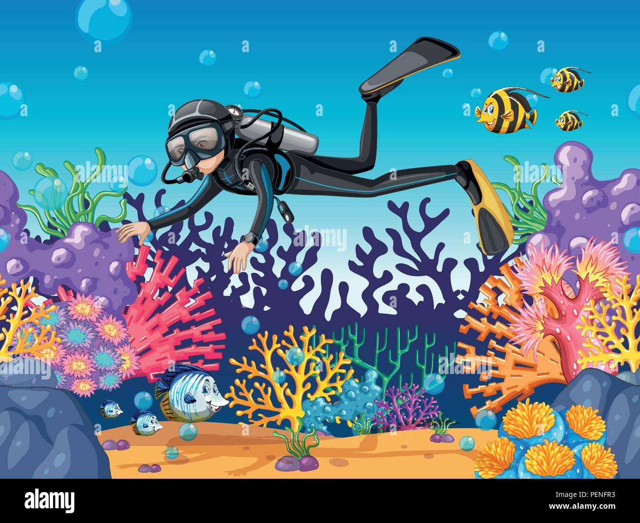 Scuba Diver plongée dans la belle illustration de récif Illustration de Vecteur