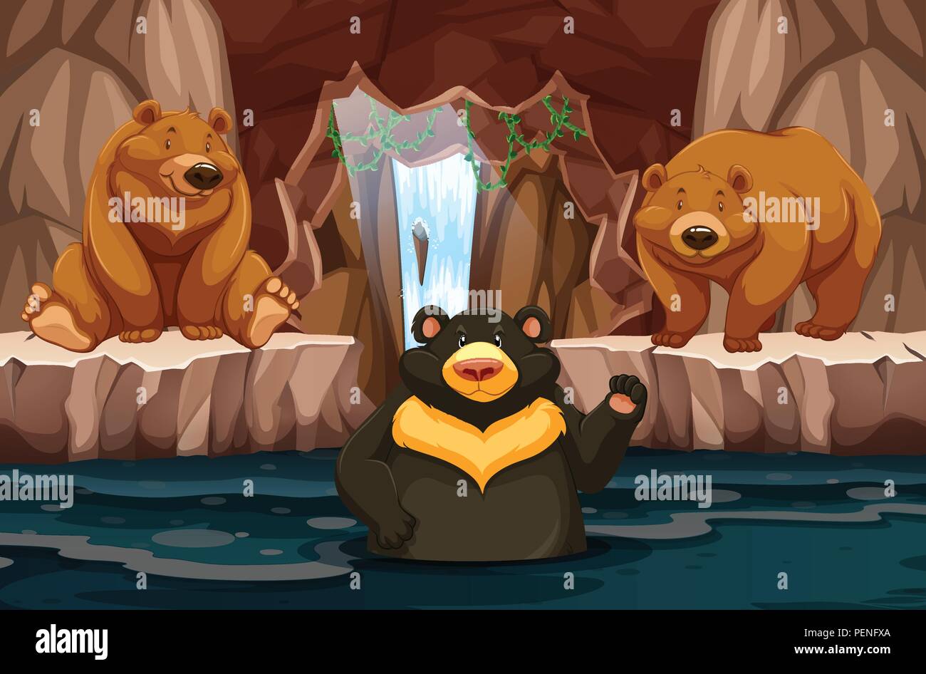 Les ours sauvages dans la caverne souterraine avec de l'eau illustration Illustration de Vecteur