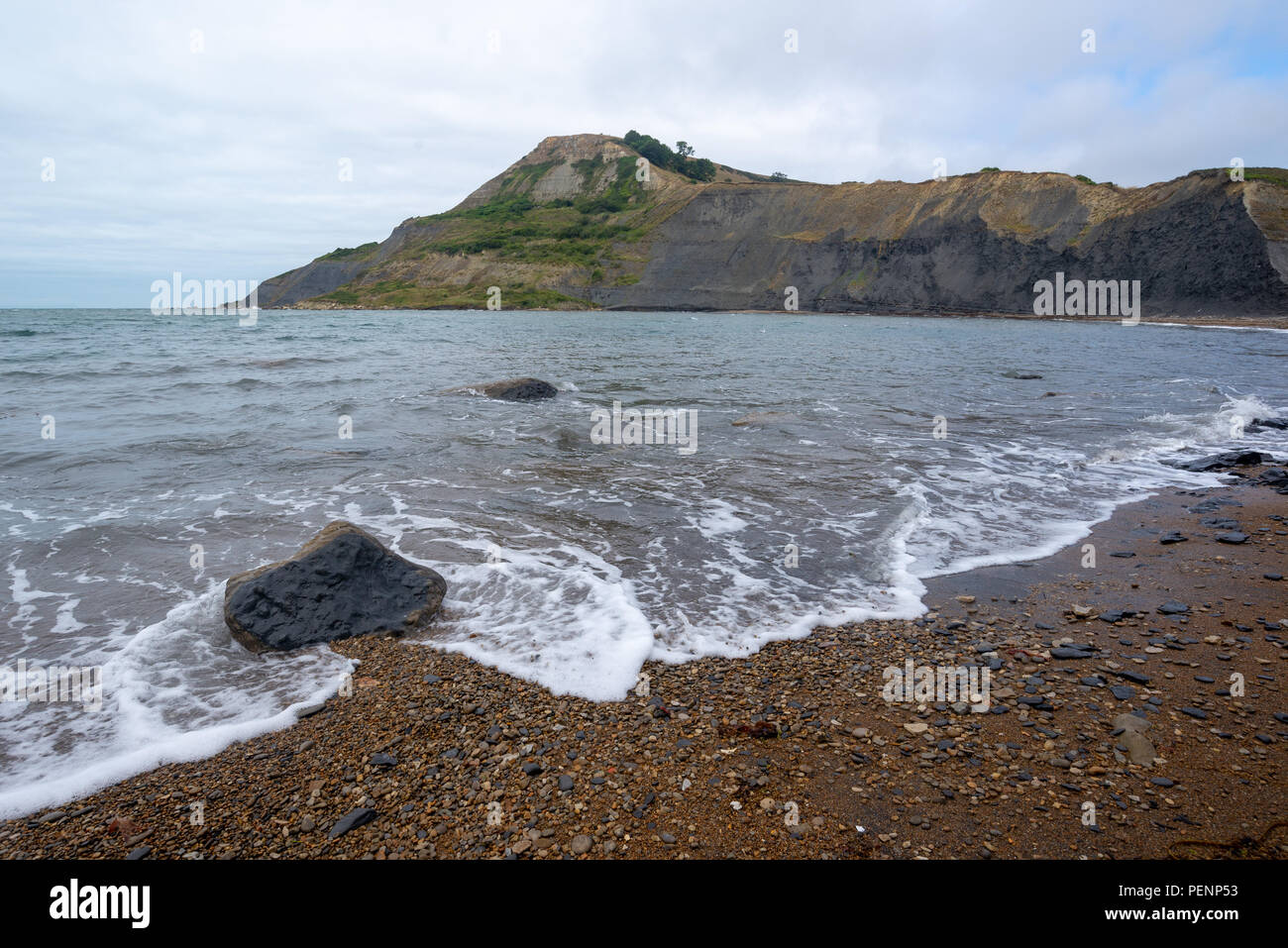 Plage sauvage à Chapman's Pool, Côte Jurassique, Purbeck, Dorset, England, UK avec le black rock cliffs. Banque D'Images