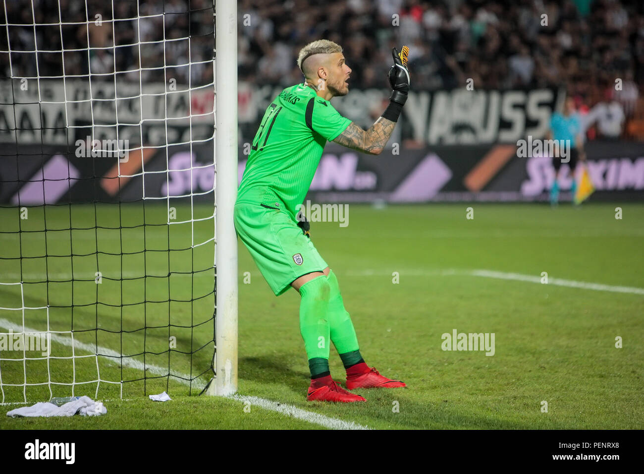 Thessalonique, Grèce - Août 8, 2018 : le joueur du PAOK A. Paschalakis (GK) en action lors de la Ligue des Champions, troisième tour de qualification , entre Banque D'Images