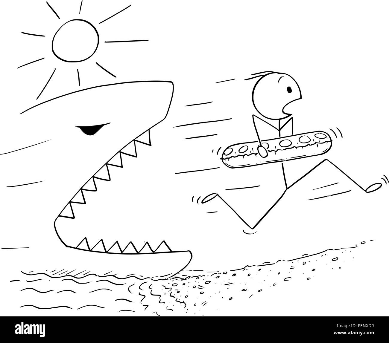 Caricature de l'homme tenant une bague et d'exécution sur la plage loin de Grand requin ou poisson Illustration de Vecteur