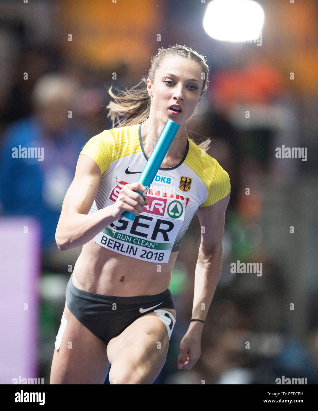 Berlin, Deutschland. Août 11, 2018. Laura MUELLER (MuÌller), l'Allemagne, l'action. Dernier 4x400m relais femmes, sur 11.08.2018 Championnats d'Europe d'athlétisme 2018 à Berlin/Allemagne à partir de 06.08. - 12.08.2018. Utilisation dans le monde entier | Credit : dpa/Alamy Live News Banque D'Images