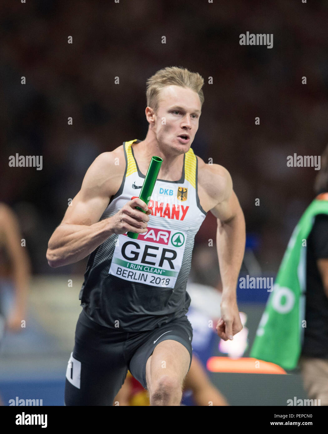 Berlin, Deutschland. Août 11, 2018. Johannes TREFZ, l'Allemagne, l'action. 4x400m final de la saison, les hommes sur 11.08.2018 Championnats d'Europe d'athlétisme 2018 à Berlin/Allemagne à partir de 06.08. - 12.08.2018. Utilisation dans le monde entier | Credit : dpa/Alamy Live News Banque D'Images