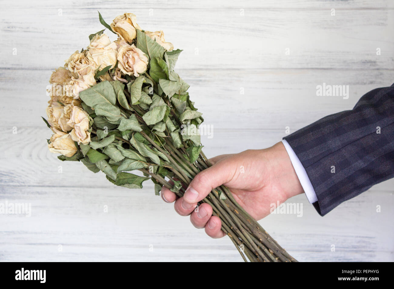 Bouquet de roses blanches séchées à la main d'un homme d'affaires. Banque D'Images