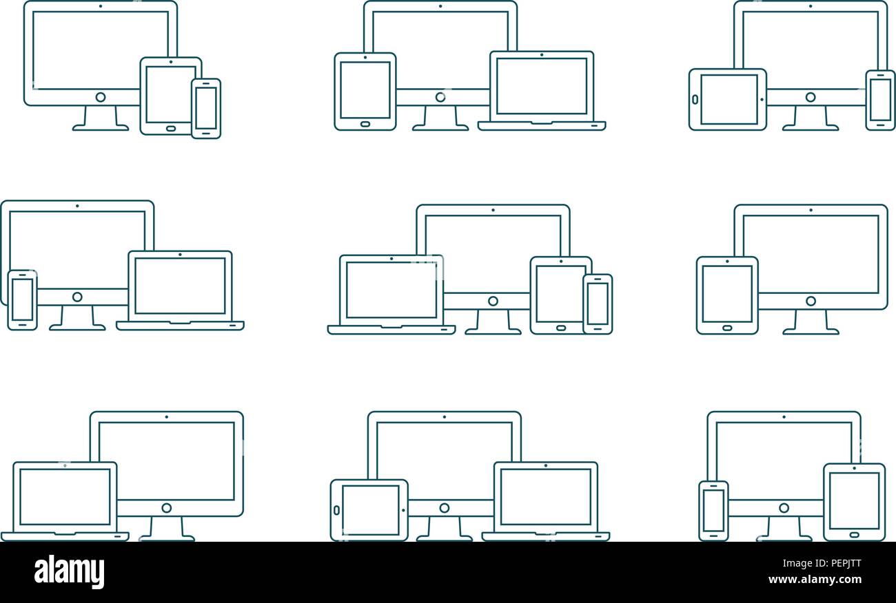 Vector set de contours icônes de périphériques. Moniteur, ordinateur portable, tablet pc et smartphone. Illustration de Vecteur