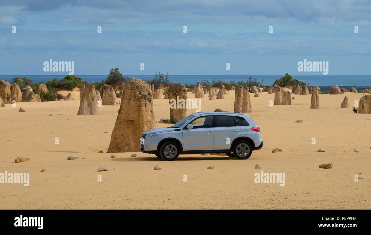Nuages sombres et bizzar formations pierre Désert des Pinnacles, dans le Parc National de Nambung, dans l'ouest de l'Australie, Océanie Banque D'Images