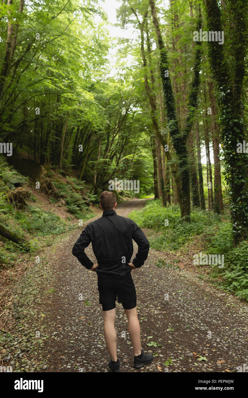 Man Standing in forest Banque D'Images