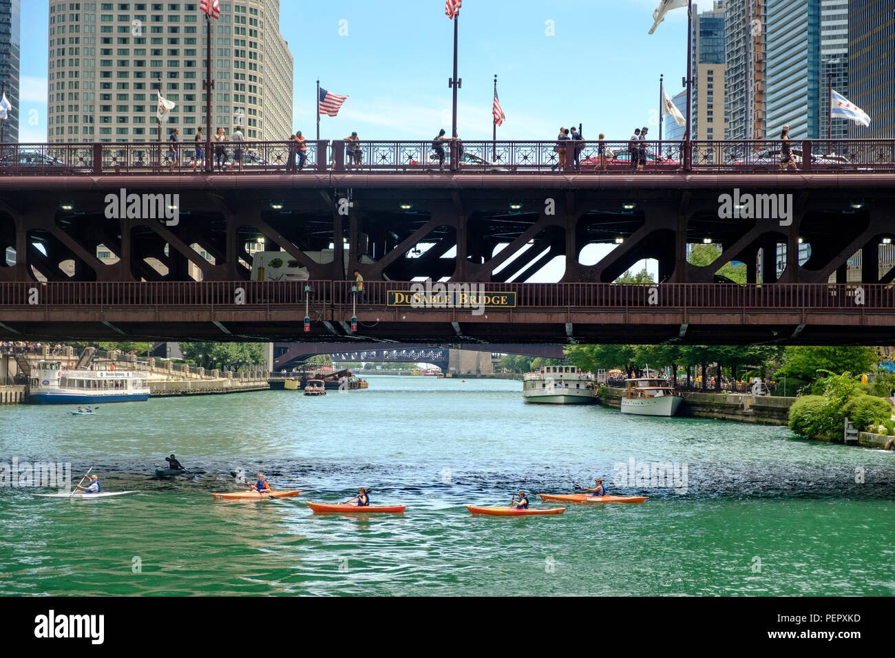 Kayaks sur la rivière Chicago avec pont DuSable (Michigan Ave) et les environs de l'architecture du centre-ville en été, Chicago, Illinois, États-Unis Banque D'Images