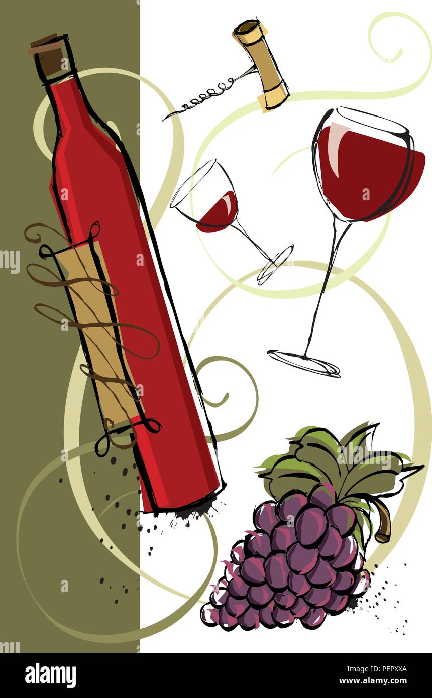 Le nouveau millésime du vin rouge. Bouteille de vin rouge, verres à vin, des raisins, et un tire-bouchon. Illustration de Vecteur