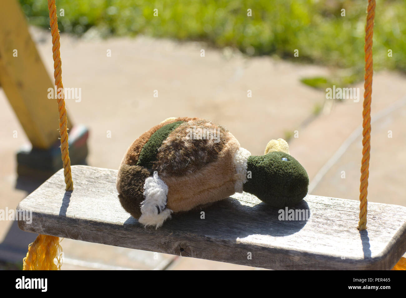 Soft jouet pour enfants (plush canard) se trouve sur un banc d'enfants à l'équitation attaché avec des cordes jaunes. Le concept des droits de l'enfant vacances d'été. Banque D'Images