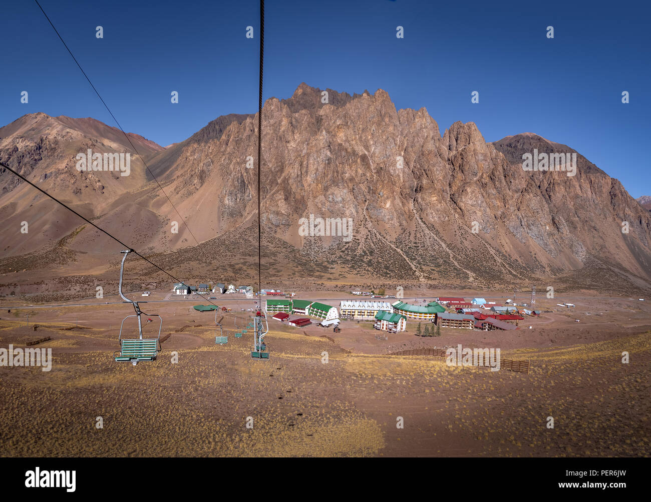 Vue aérienne de Los Penitentes Ski Resort Village de l'été at Cordillera de los Andes - La Province de Mendoza, Argentine Banque D'Images