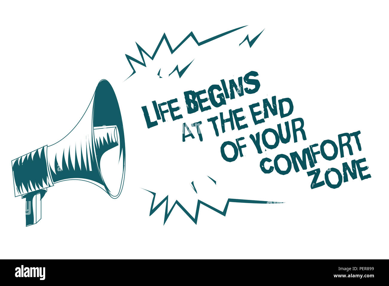 Signe texte montrant la vie commence à la fin de votre zone de confort. Photo conceptuelle modifier évoluer grandir haut-parleur mégaphone gris message important Banque D'Images
