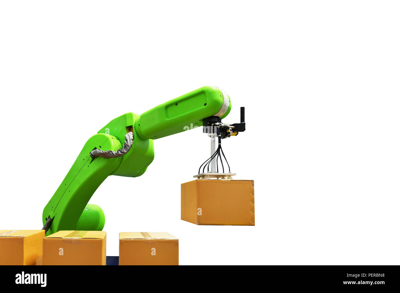 Bras robotique industrie détenant un fort isolé sur fond blanc Banque D'Images
