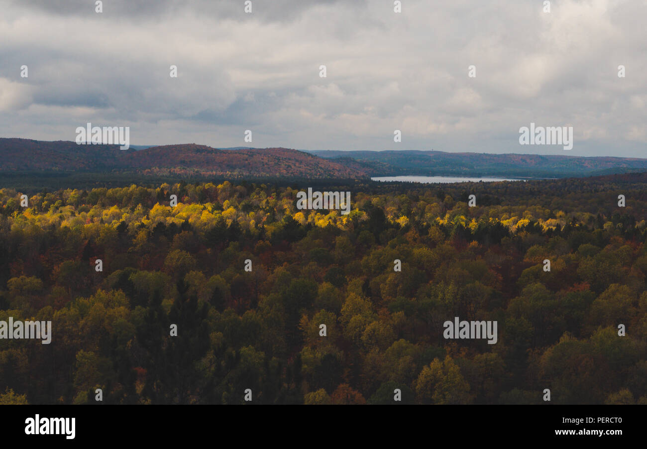 Vue sur le lac et forêt automne arbres colorés par le haut dans le parc Algonquin, le Canada l'automne Banque D'Images