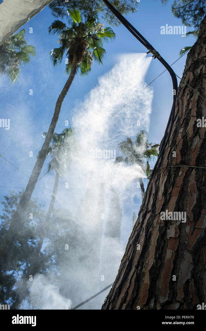 Têtes d'auvents et éclaboussures d'eau vaporisée au parc public. Dispositifs pour le refroidissement de la température de l'été en Espagne à l'extérieur Banque D'Images