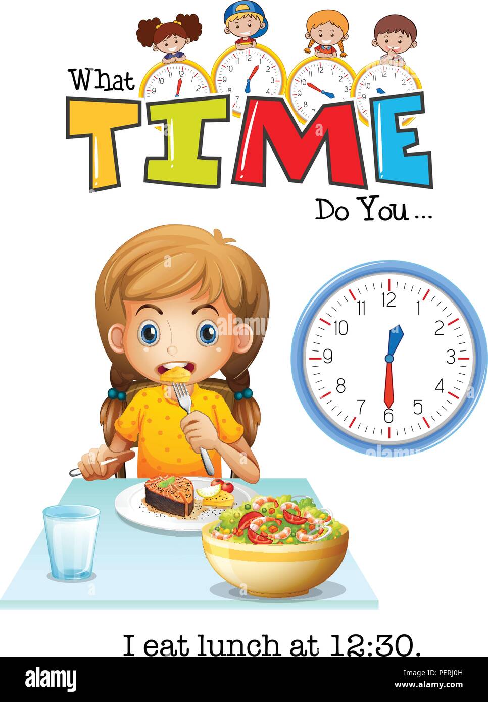 Une fille manger le déjeuner à 12:30 illustration Illustration de Vecteur