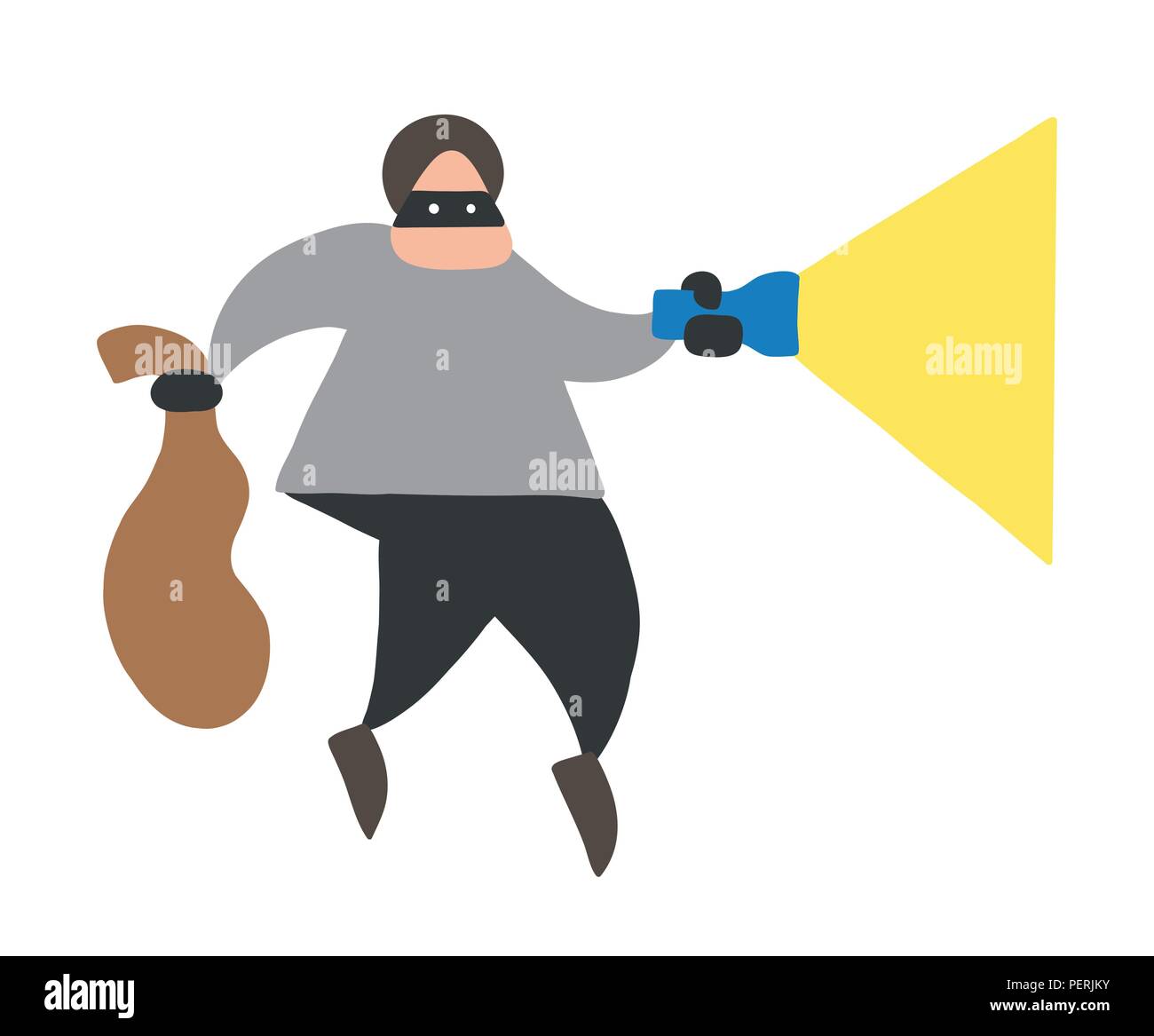 Vector illustration cartoon homme voleur masqué face à la marche et tenant une lampe de poche et sac. Illustration de Vecteur