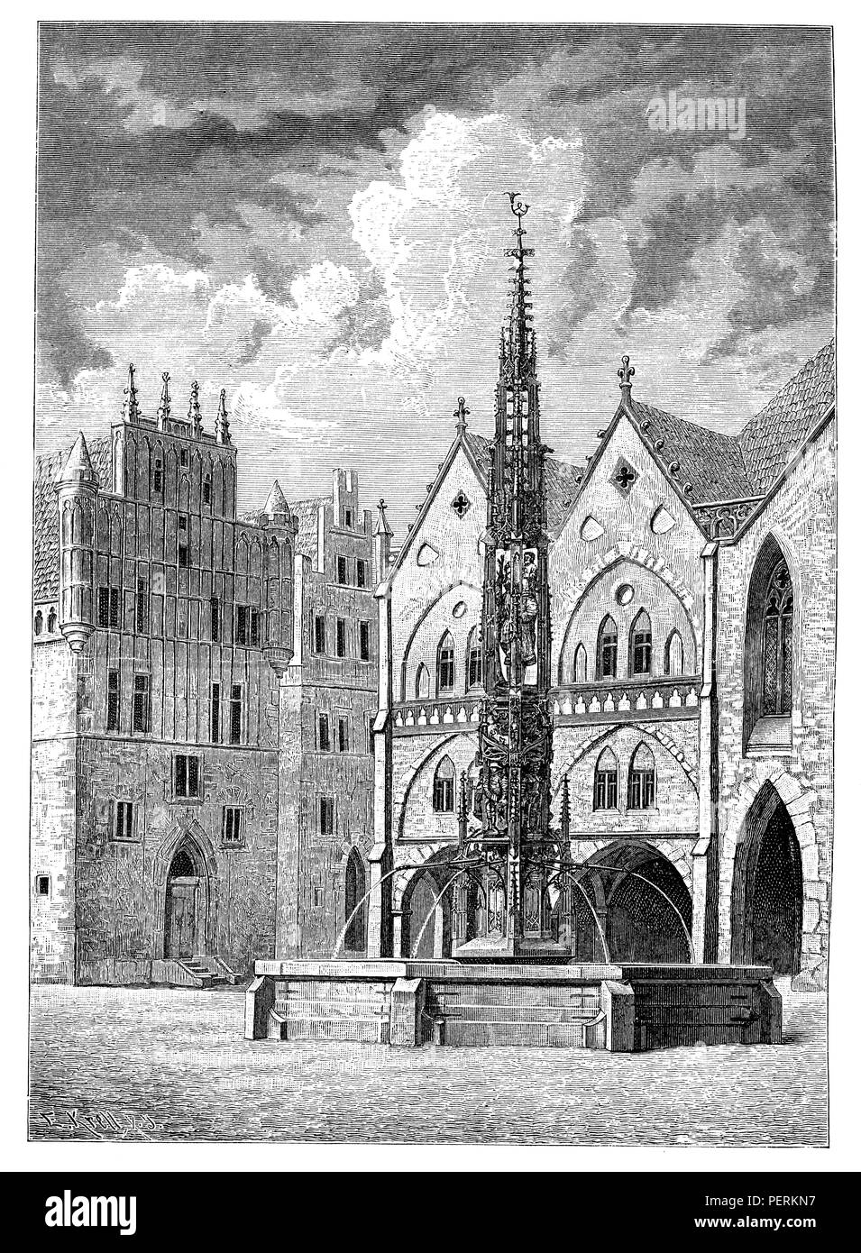 La place de marché d'une ville du sud de l'Allemagne, fin du 15e siècle. (La fontaine est à Urach), 1893 Banque D'Images