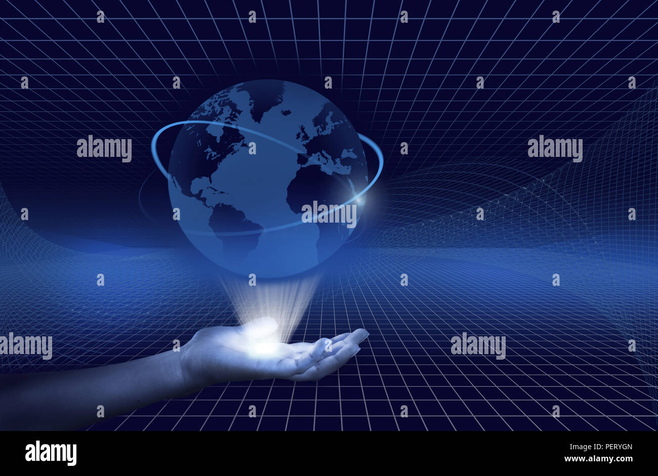 Le monde numérique dans la main de Dieu, sur fond bleu Banque D'Images