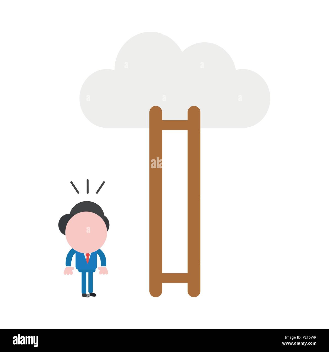 Homme d'affaires à caractère d'illustration vectorielle, échelle en bois avec étapes manquantes pour atteindre les nuages. Illustration de Vecteur