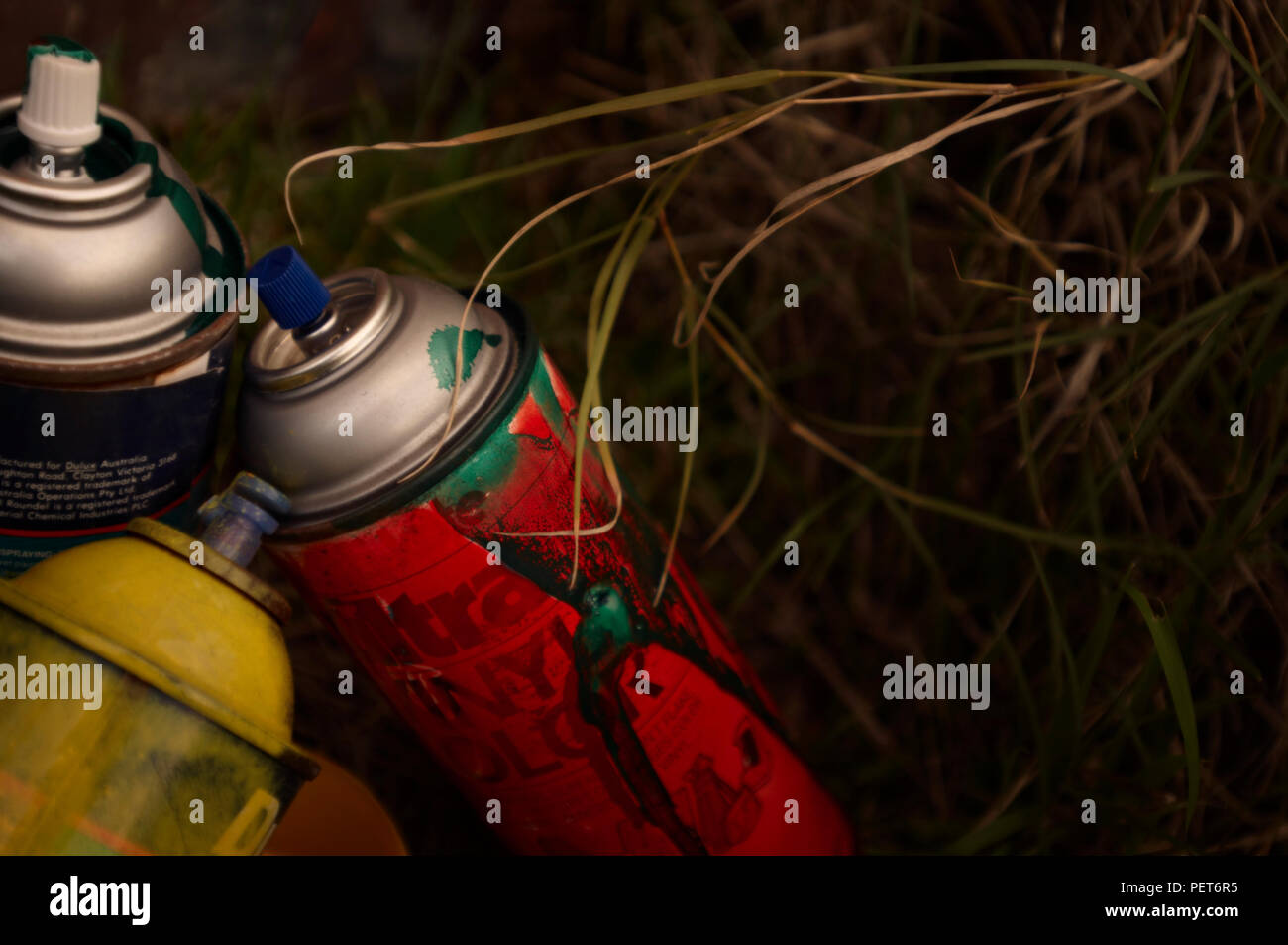 Bombe de peinture Graffiti bidons utilisés et rejetés Banque D'Images