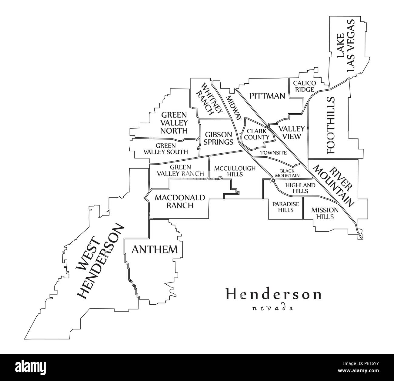 Plan de la ville moderne - Henderson Nevada ville des USA par les quartiers et les titres contour plan Illustration de Vecteur