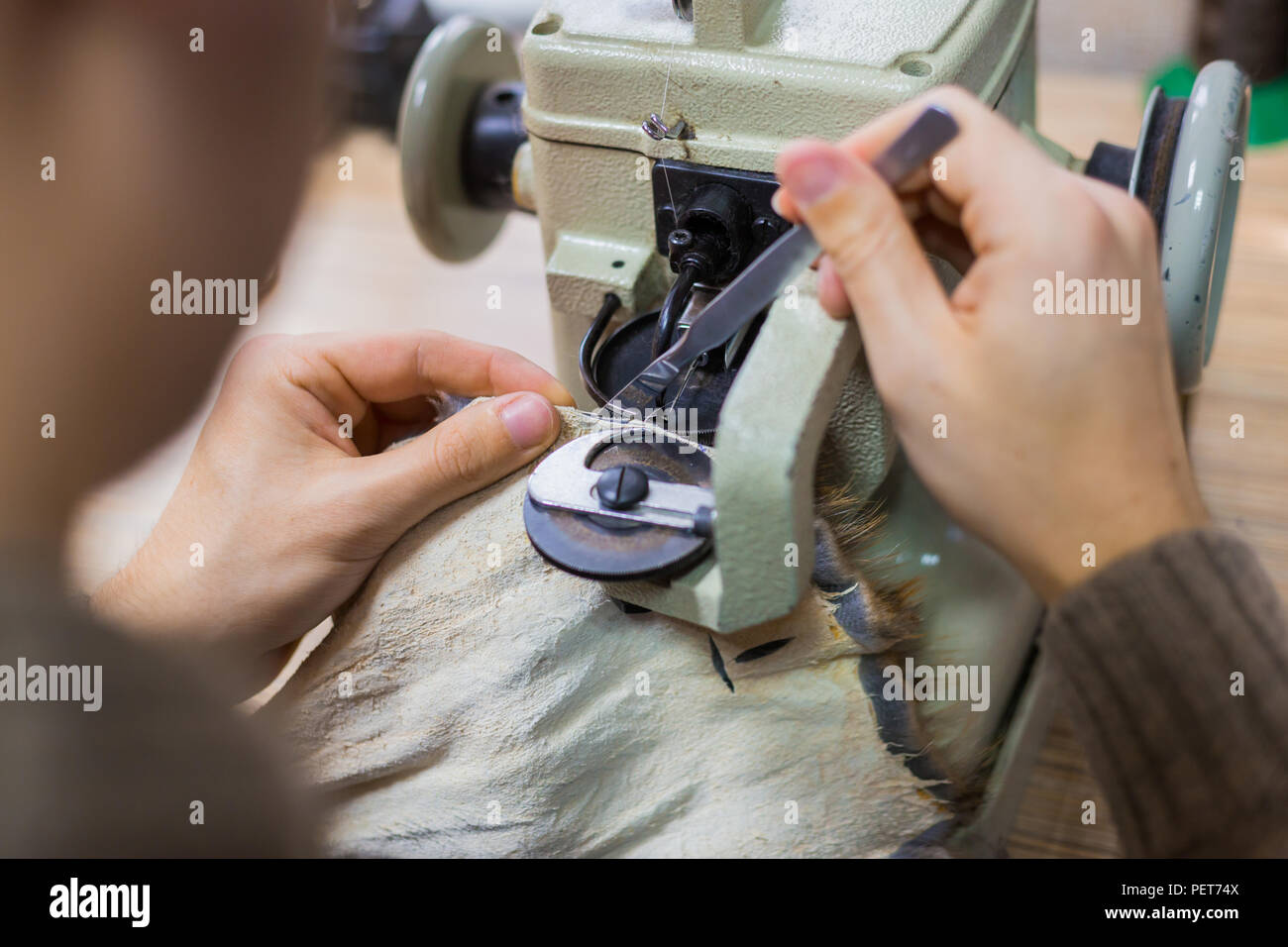 Professionnel hommes skinner, fourreur à l'aide de la machine à coudre spéciale pour coudre la peau de fourrure à l'atelier, atelier. La mode et le travail du cuir concept Banque D'Images