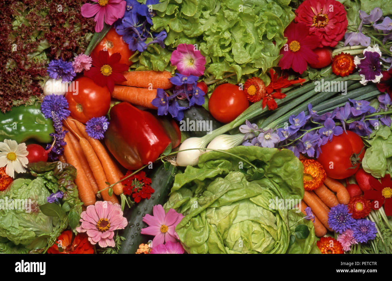 Arrangement assorties de fruits et légumes frais (carottes, tomates, laitues, poivrons, fleurs) Banque D'Images