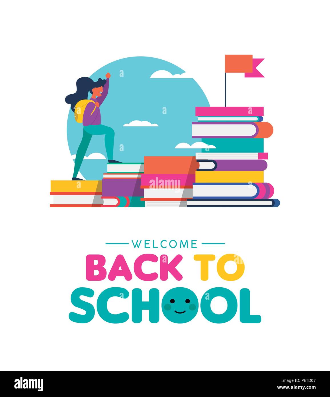 Retour à l'école illustration de livre pour enfants escalade montagne. La réussite de l'éducation concept avec happy girl d'atteindre l'objectif de l'étude. Vecteur EPS10. Illustration de Vecteur