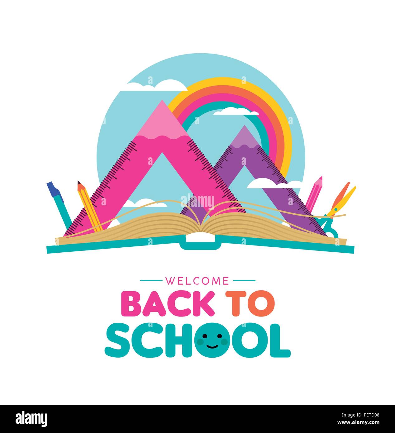 Retour à l'illustration de l'école, livre ouvert avec paysage de montagne fait de squad règle et crayons. Géométrie mathématiques objet matériel sur arc-en-ciel pour edu Illustration de Vecteur