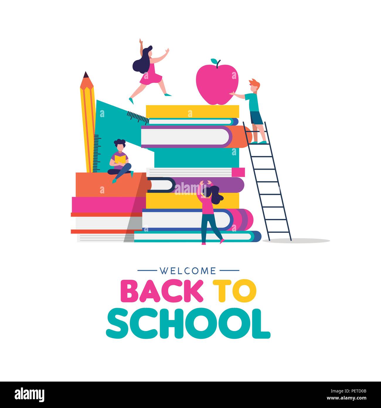 Retour à l'école bienvenue concept illustration, les enfants jouant autour d'adresses tas avec crayon, règle et d'Apple. Conception de l'éducation des enfants dans un style coloré. Illustration de Vecteur