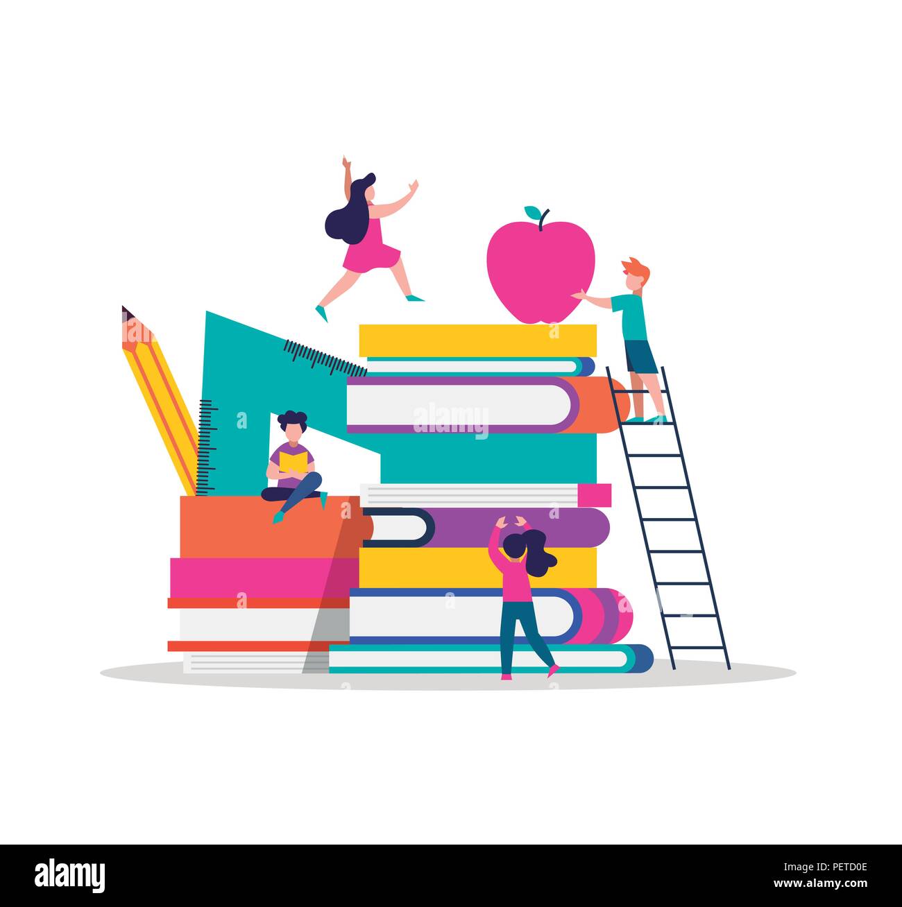 Concept illustration de l'école, les enfants qui jouent autour de la pile de livres avec crayon, règle et d'Apple. Fun kid sociale dans la conception de l'éducation style coloré. EPS10 Illustration de Vecteur