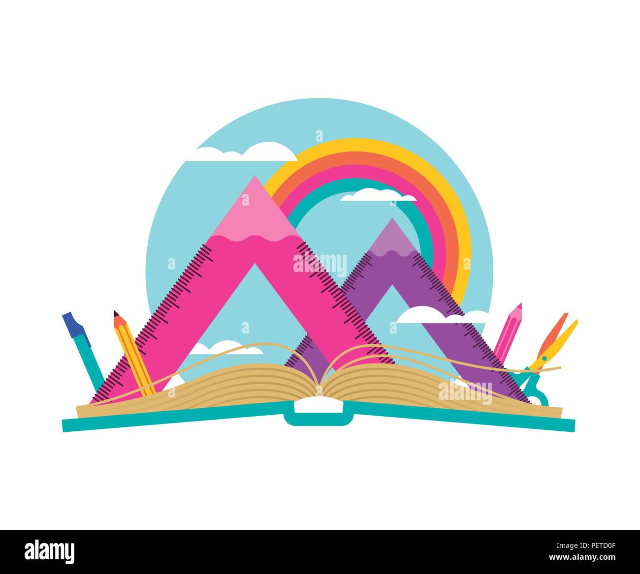 Livre ouvert avec paysage de montagne fait de squad règle et crayons. Géométrie mathématiques objet matériel sur arc-en-ciel pour l'apprentissage à l'école, notion. EPS10 Illustration de Vecteur