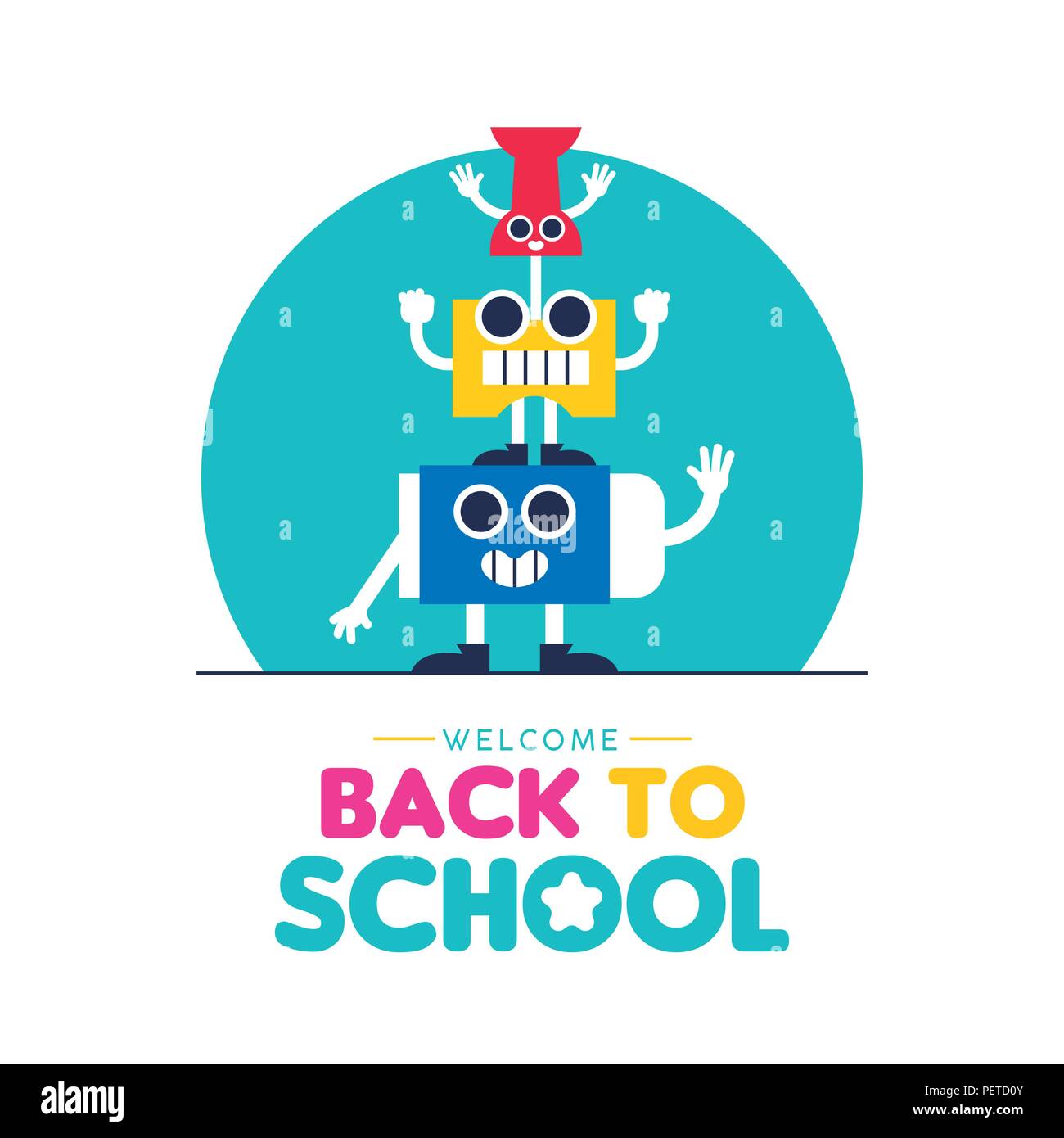 Bienvenue à nouveau à l'école avec drôle illustration art supplies amis. La conception de l'éducation des enfants. Cute cartoons : caractères, gomme et taille-crayon Illustration de Vecteur