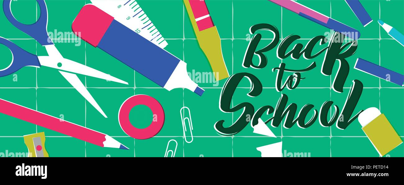 Retour à l'école bandeau web style rétro, fournitures de classe sur une table d'étude. Comprend un crayon, règle, gomme, trombone et plus encore. Vecteur EPS10. Illustration de Vecteur